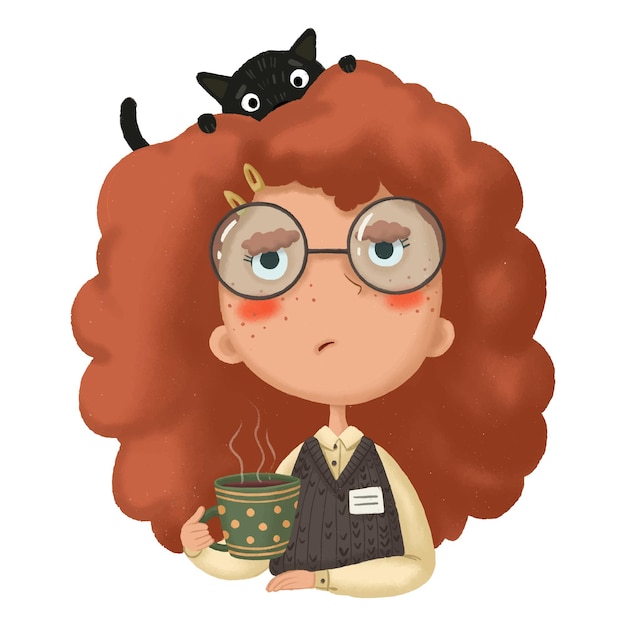 Cute illustration with a cartoon woman office worker with a cup of coffee and a cat