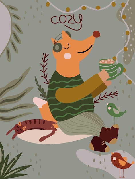 Cute illustration with red fox drinking hot tea and listening to music lazy cat bird