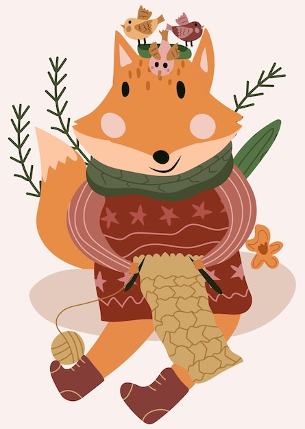 Cute illustration with red fox knitting funny birds on head flowers and leaves around