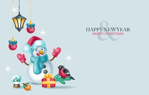 Cute illustration with snowman Christmas tree toys and gifts Christmas and New Year Greeting Card