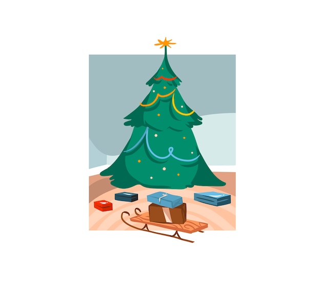  cute illustrations of big decorated Xmas tree and gift boxes indoor isolated  