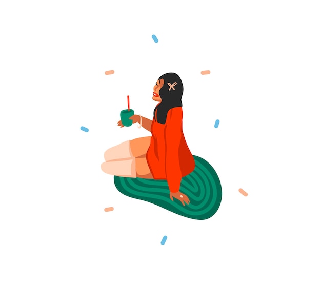  cute illustrations of girl drinks holiday Christmas cocktails isolated