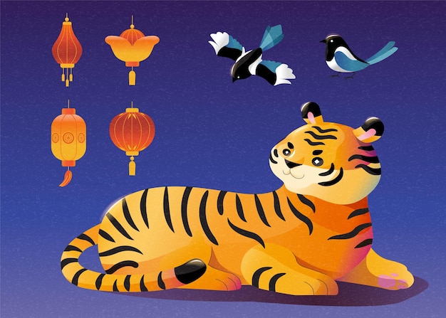 Simpatiche illustrazioni di tigre, uccelli gazza e lanterne