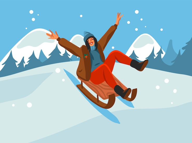 Вектор милые иллюстрации xmas счастливая женщина катается на санях изолированы на зимнем пейзаже