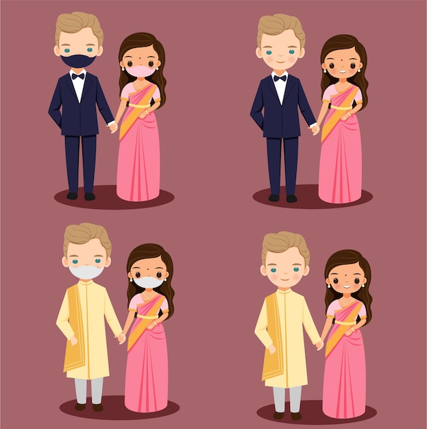 結婚式のための伝統的なドレスで外国の新郎のカップルの漫画とかわいいインドの花嫁