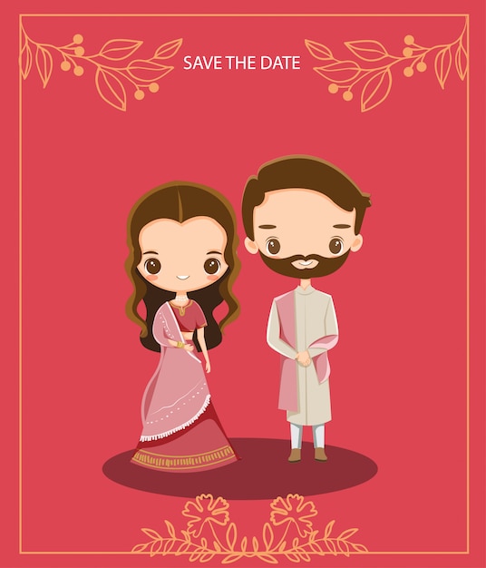 Cute indian cartoon couple for wedding invitations card