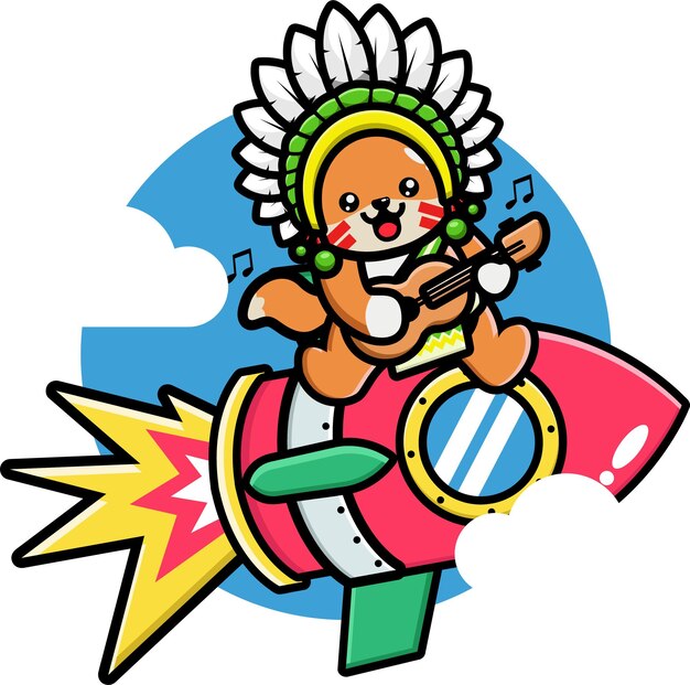 Cute indian chief fox playing guitar on the rocket