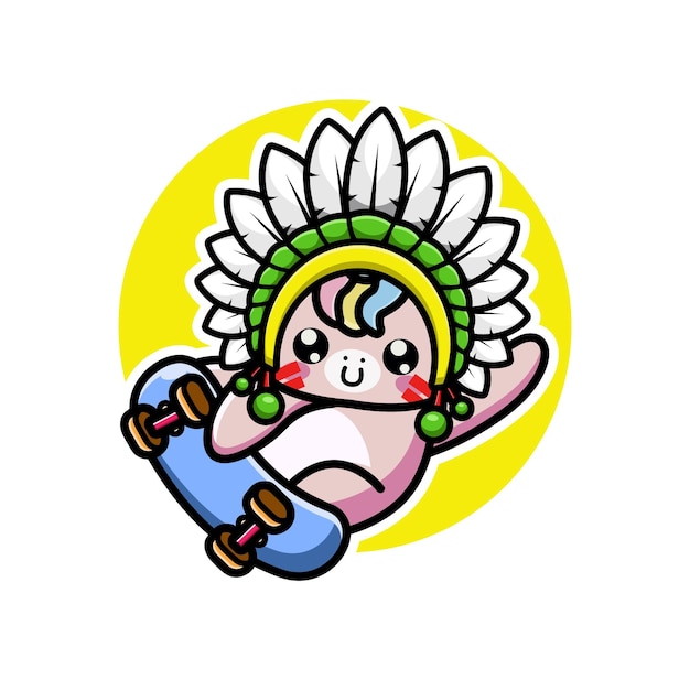 Cute indian chief playing skate board