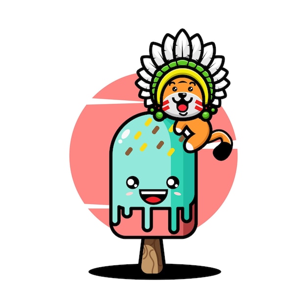 Cute indian chief tiger hug ice cream cartoon