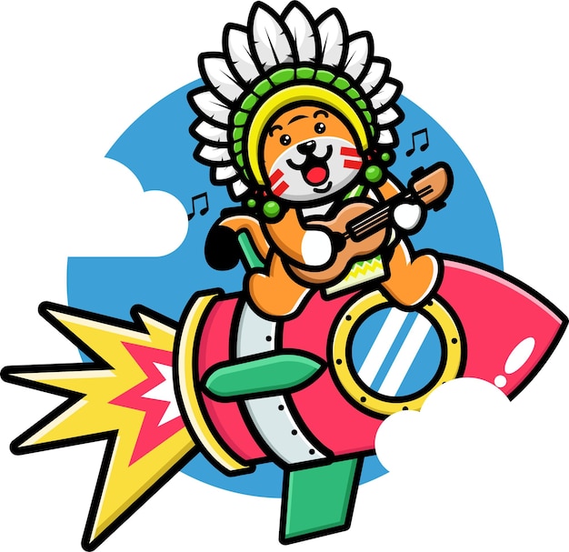 Cute indian chief tiger playing guitar on the rocket