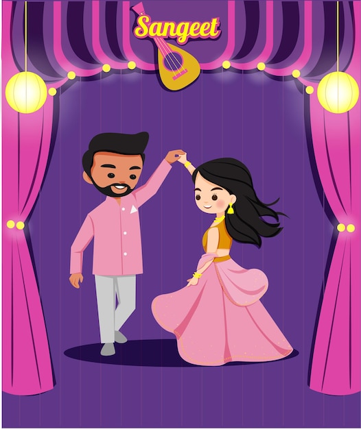 Vector cute indian couple dance in sangreet wedding ceremony