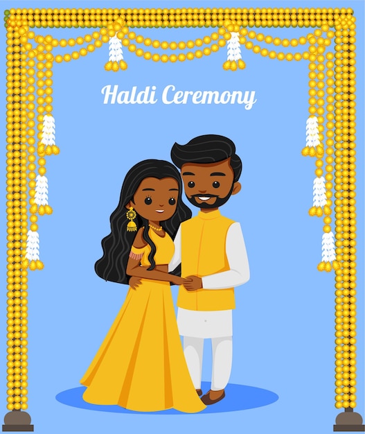 Vector cute indian couple in haldi outfit for wedding ceremony