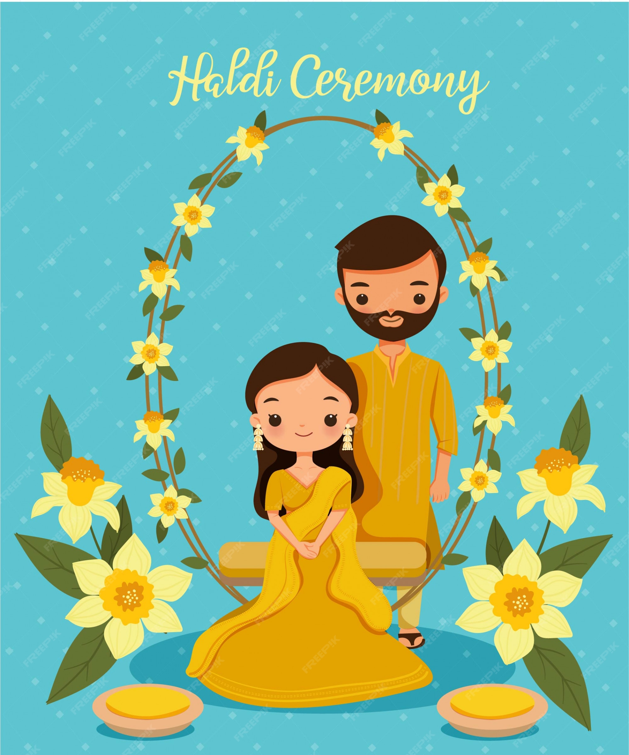 Premium Vector | Cute indian couple in yellow traditional dress for haldi  ceremony on their wedding day