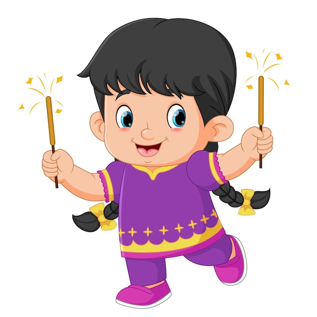 Vector cute indian girl holding firework character design for diwali festival