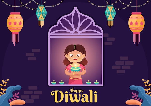 Bambini indiani carini che celebrano il giorno del diwali con lanterne, fuochi d'artificio e mandala o arte di rangoli con l'illustrazione vettoriale di sfondo festival delle luci