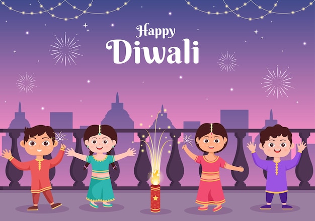 Симпатичные индийские дети празднуют День Дивали с фонариками, зажигая фейерверки и мандалу или искусство ранголи на заднем плане. Векторная иллюстрация Фестиваль огней
