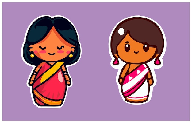 Cute Indian Mom in Saree stickers vector illustration set of 2