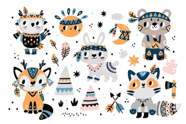 Cute Indian tribal animals Funny bunny fox raccoon and owl with feathers decor and painted faces Boho forest creations in ethnic costumes Tepee and arrows Vector wild mammals set