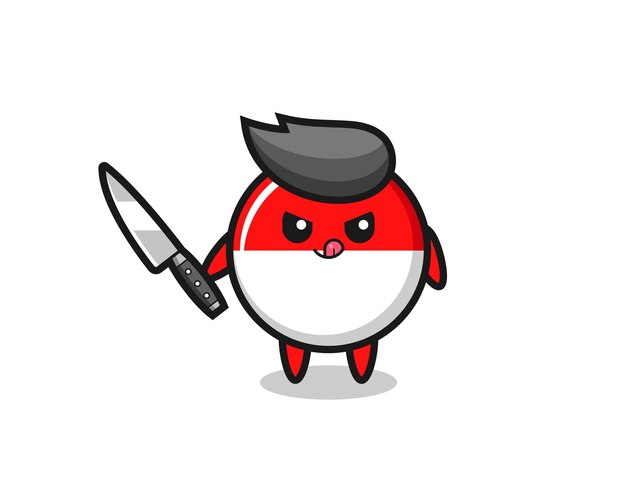 cute indonesia flag badge mascot as a psychopath holding a knife