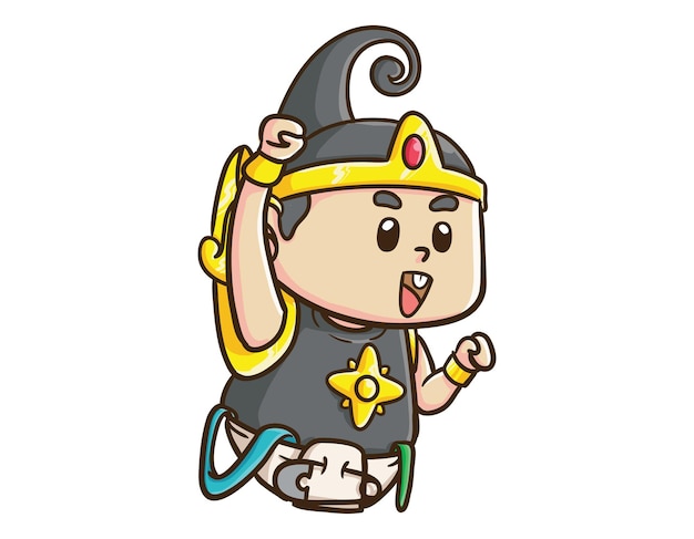 귀여운 인도네시아 영웅 캐릭터 Baby Gatot Kaca Fist Up Cartoon Mascot Illustration