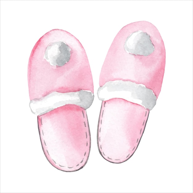 Cute indoor pink slippers with pompoms Watercolor hand drawn illustration