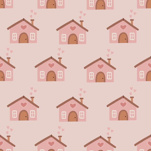 Cute Infantile style seamless pattern with lovely pink house with pink smoke of hearts