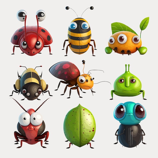 Cute insect characters ant bee spider grasshopper ladybug worm and snail Isolated on background Cartoon vector illustration