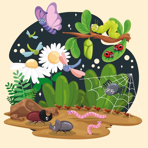 Cute insect characters on a nature environment background vector illustration