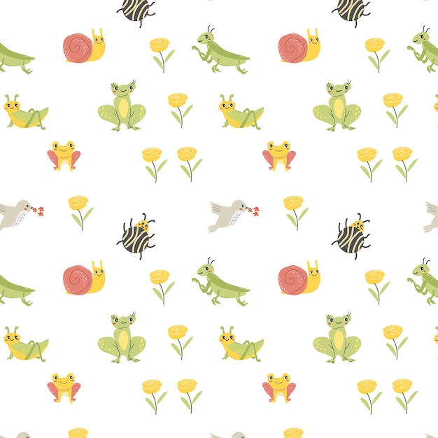 Cute insect sand animals snail and frog bird seamless pattern vector illustration for summer textile