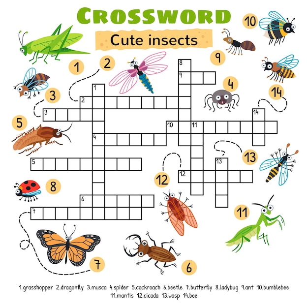 Cute insects crossword. For preschool kids activity worksheet