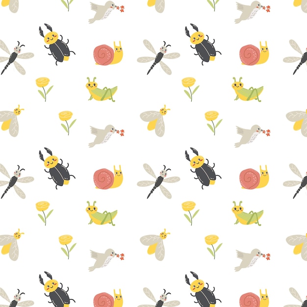 Vector cute insects dragonfly and beetle bug snail background vector illustration can used for kids