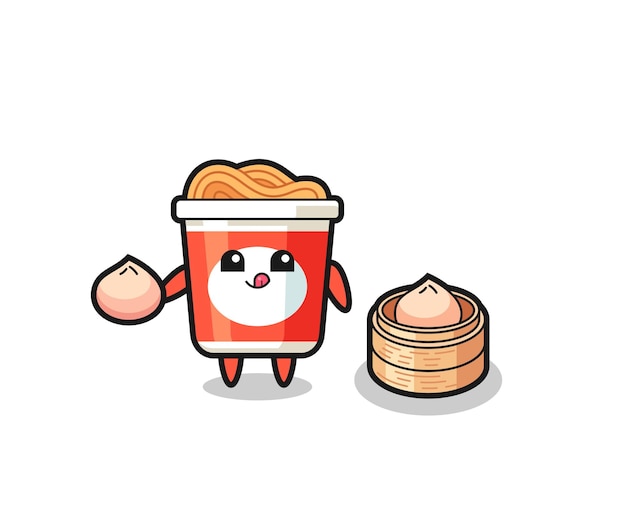 Cute instant noodle character eating steamed buns