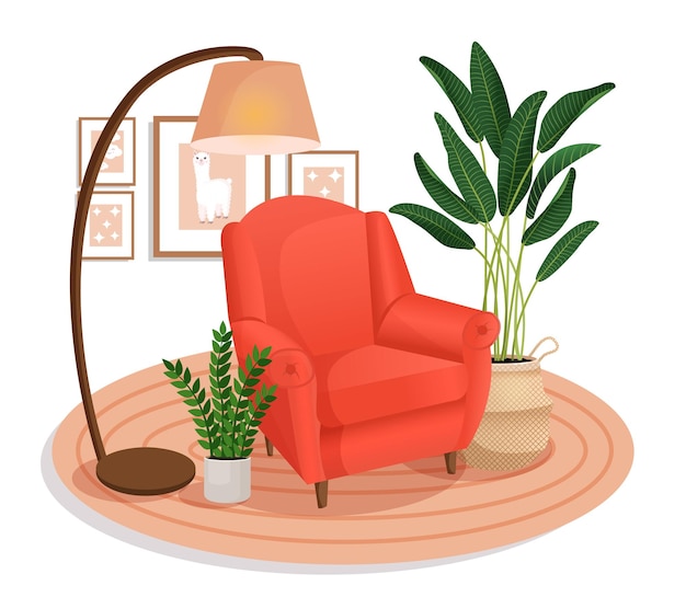 Vettore interni carini con mobili e piante moderni. interno soggiorno. illustrazione vettoriale in stile piatto