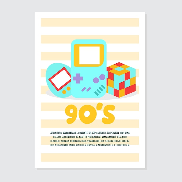 Vector cute invitation and greeting card template about retro games