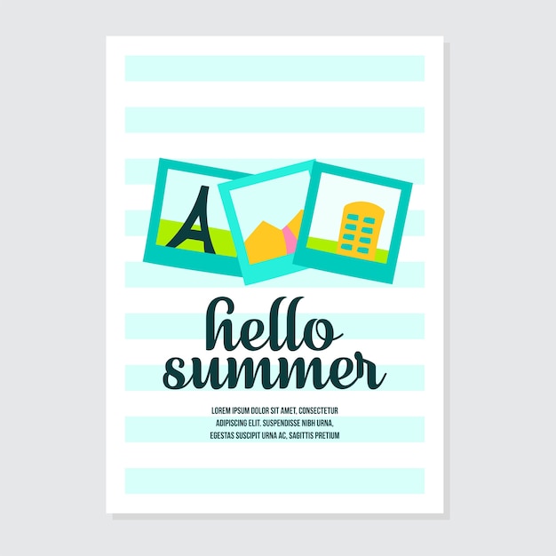 Vector cute invitation and greeting card template with bright hello summer writing