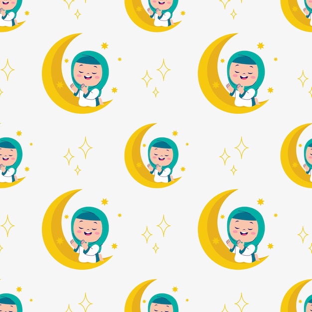 Cute islamic girl in hijab is praying on the moon seamless pattern