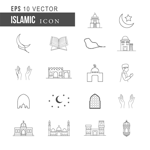 Vector cute islamic outline icon for ramadan eid includes icons as muslim mosque pray religion