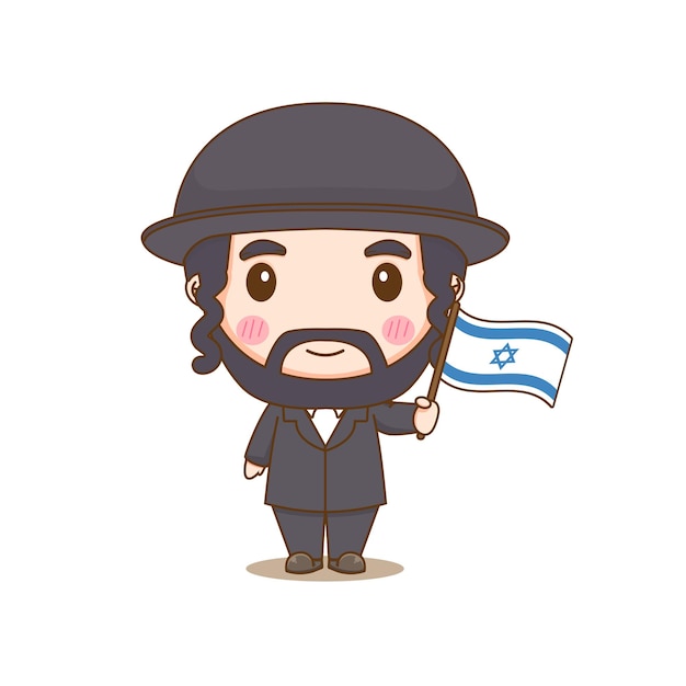 Cute Israel boy wearing national with flag Chibi cartoon character isolated background