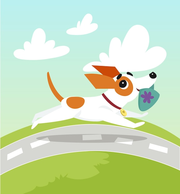 Cute jack russell terrier running with slipper in its mouth on summer day colorful vector Illustration in cartoon style