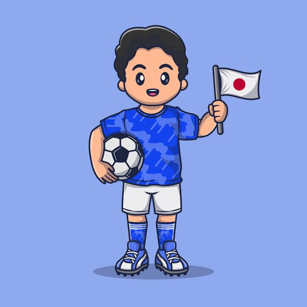 Cute japan soccer player in kit with holding flag and ball cartoon vector icon illustration.