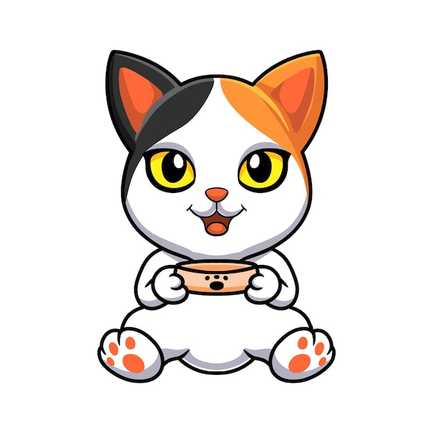 Cute japanese bobtail cat cartoon holding food bowl