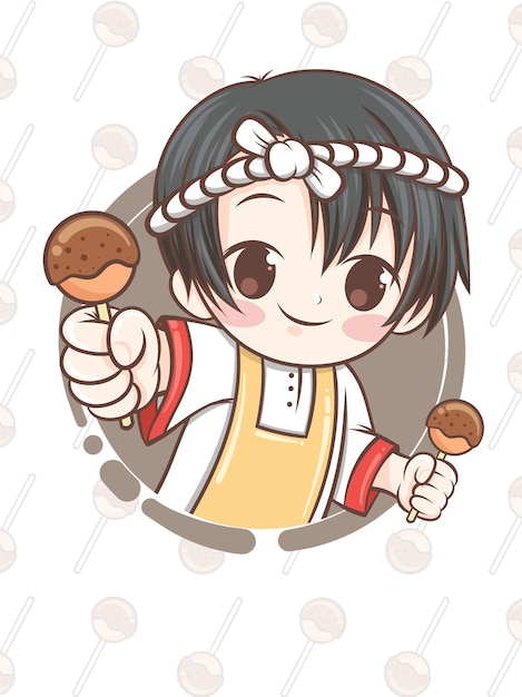 Cute japanese chef presenting takoyaki food - cartoon character.