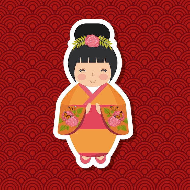 Vector cute japanese girl icon red white background