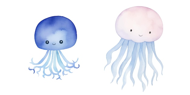 Vector cute jelly fish watercolor illustration