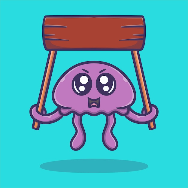 cute jellyfish carrying a wooden board cartoon vector icon illustration