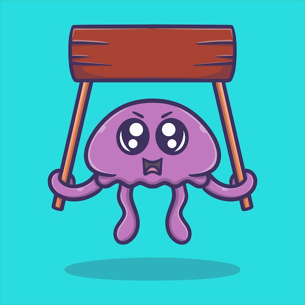 Cute jellyfish carrying a wooden board cartoon vector icon illustration