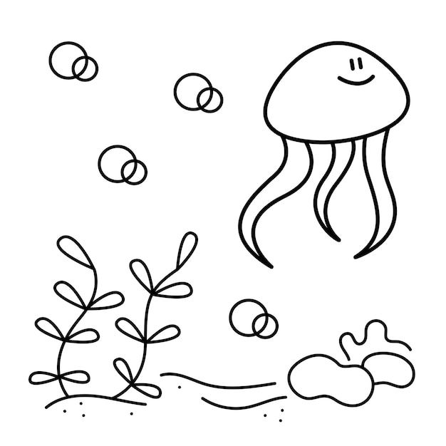 Cute jellyfish on the seabed Doodle black and white vector illustration