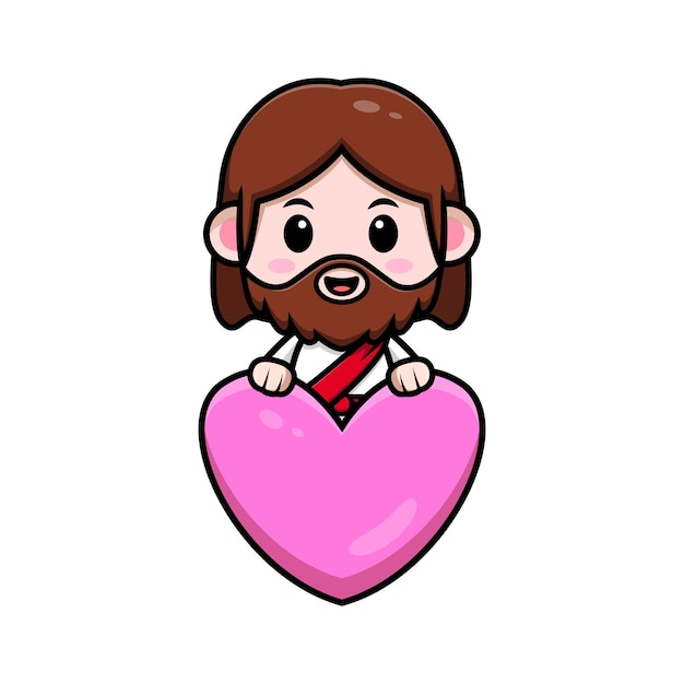 Vector cute jesus christ behind heart vector cartoon christian illustration