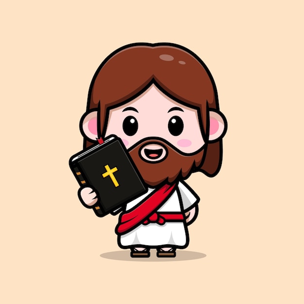 Cute jesus christ holding bible vector cartoon christian illustration