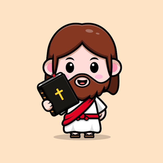 Cute Jesus Christ holding bible vector cartoon christian illustration